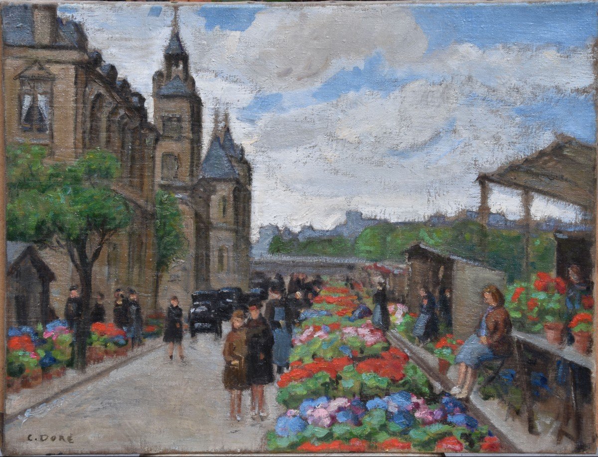 Constant Dore "le Quai Aux Fleurs à Paris" Huile Sur Toile 50x61